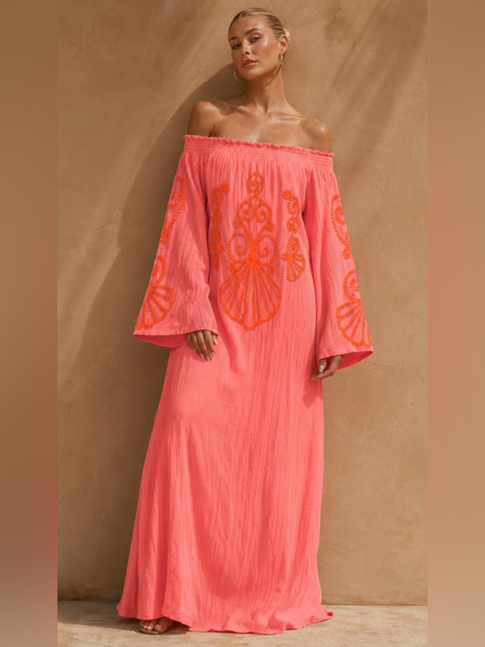 Lilly Pulitzer Nita Maxi Dress Off The Shoulder Guava Melon Beads $248 Size S
